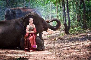 Taylandlı kadın mutlu bir anda fille evine döndü, Tayland kırsalına.