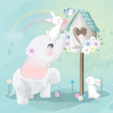 Tavşan resimleriyle oynayan şirin bir fil.