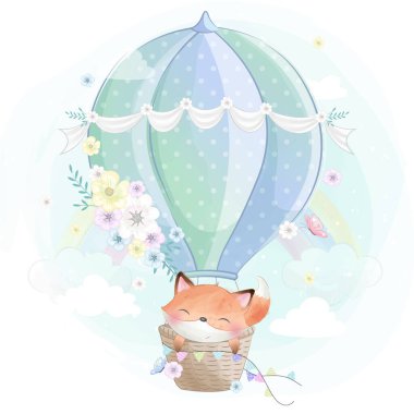 Hava balonu çizimi ile uçan sevimli tilki.