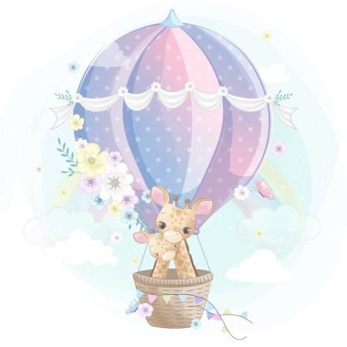 Hava balonu resimleriyle uçan sevimli zürafa.