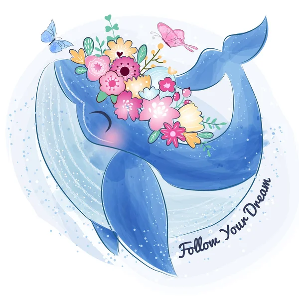 Χαριτωμένο Φάλαινα Floral Εικόνα — Διανυσματικό Αρχείο
