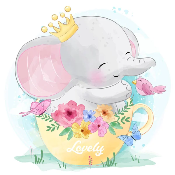 Carino Elefante Con Illustrazione Floreale — Vettoriale Stock
