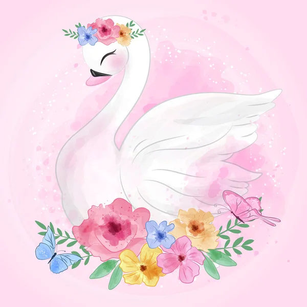 Симпатичный Лебедь Цветочной Иллюстрацией — стоковый вектор