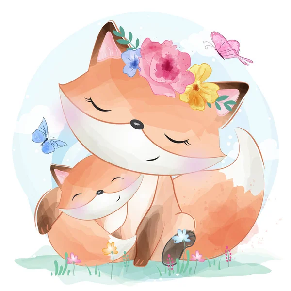 Mignon Foxy Mère Bébé Illustration — Image vectorielle