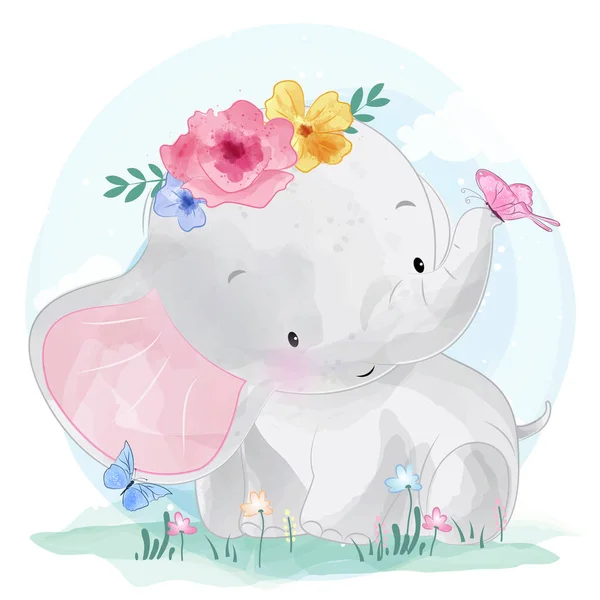 Elefante Bonito Com Ilustração Floral — Vetor de Stock