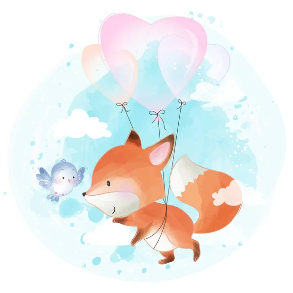 Lindo Foxy Volando Con Globo Ilustración — Vector de stock