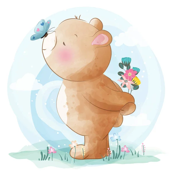 Urso Bonito Com Ilustração Borboleta — Vetor de Stock