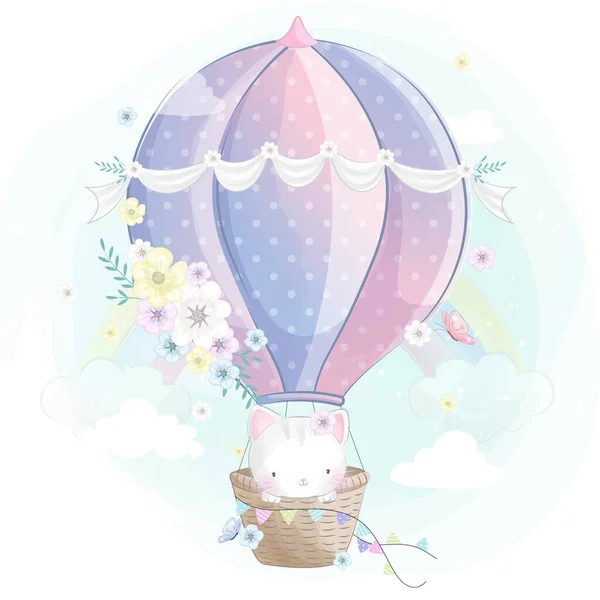 Lindo Gatito Volando Con Aire Globo Ilustración — Vector de stock