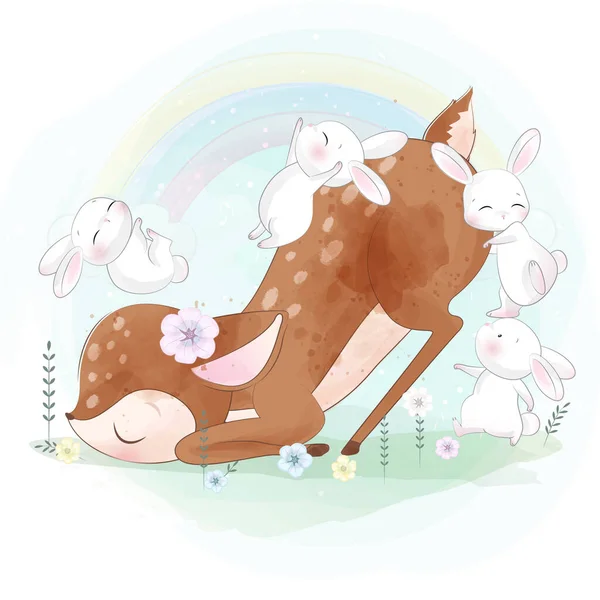Cervo Bonito Brincando Com Ilustração Coelho — Vetor de Stock