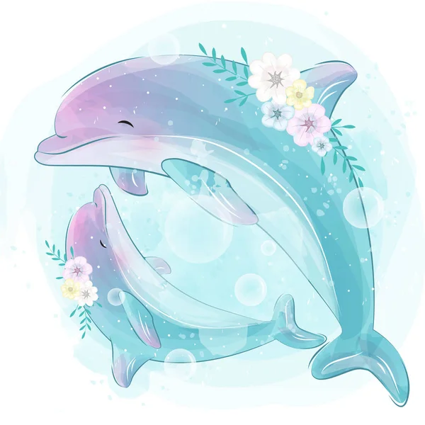 Cute Dolphin Mother Baby Illustration — Stock Vector