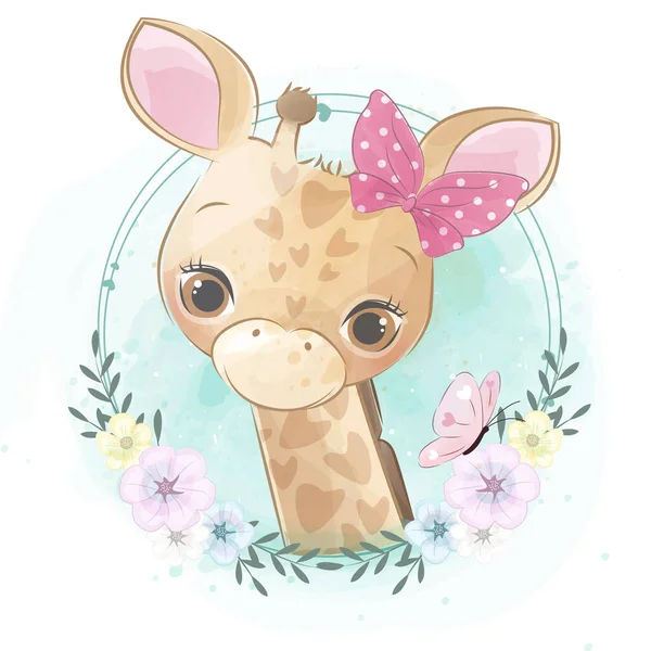 Girafa Bonito Com Ilustração Floral — Vetor de Stock