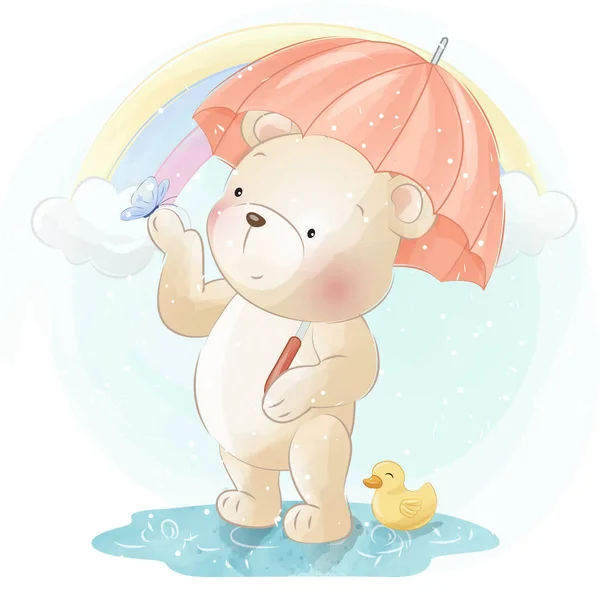 Urso Bonito Com Ilustração Pato — Vetor de Stock