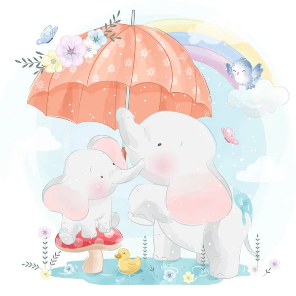 Carino Elefante Madre Bambino Illustrazione — Vettoriale Stock