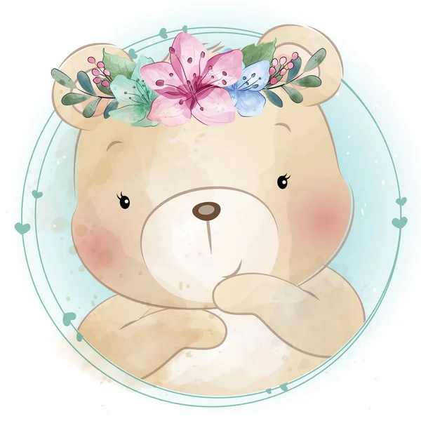 Urso Bonito Com Ilustração Floral — Vetor de Stock