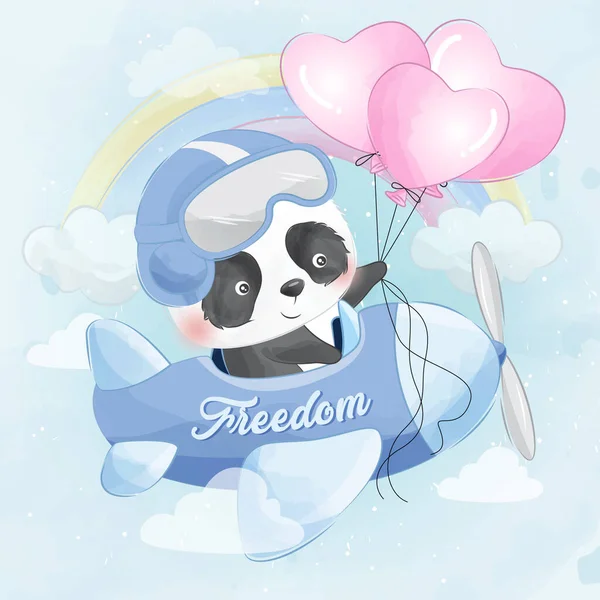 Leuke Panda Vliegen Met Vliegtuig Illustratie — Stockvector