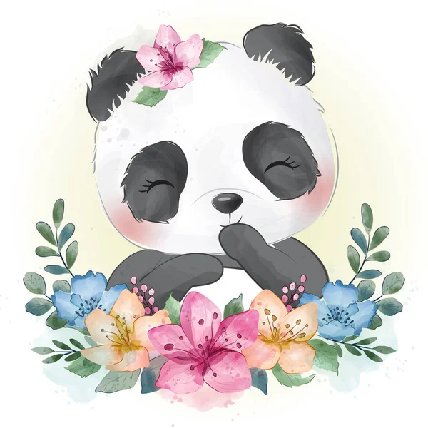 Panda Bonito Com Ilustração Floral Vetor De Stock