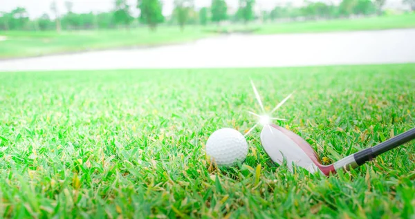 Golfclup Und Weißer Golfball Auf Dem Grünen Rasen — Stockfoto