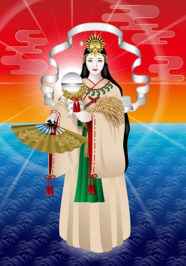 Amaterasu Okami 'nin tasviri. Amaterasu Omikami, Güneş Tanrıçası. O, Japon mitolojisindeki ana tanrı, bir güneş tanrıçasıdır..