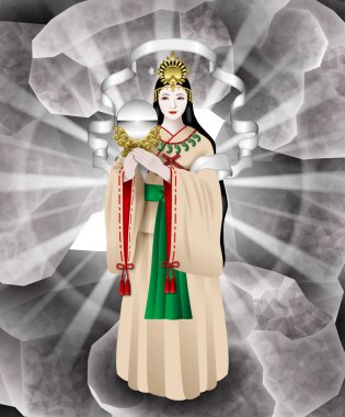 Amaterasu Okami 'nin tasviri. Amaterasu Omikami, Güneş Tanrıçası. O, Japon mitolojisindeki ana tanrı, bir güneş tanrıçasıdır..
