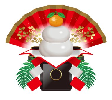 Kagami Mochi 'nin tasviri. Japon Yeni Yıl dekorasyonları. Pirinç keki. Kagami-mochi, Yeni Yıl gibi durumlarda Shinto ve Budist tanrılarına sunulan dairesel, düz pirinç kekidir..