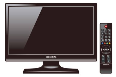 Bir televizyon ve uzaktan kumanda tasviri. Uzaktan kumanda, televizyonu uzaktan çalıştırmak için araç. Ön taraf. Standart tasarım.