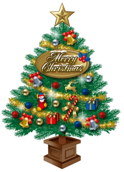 Illustratie Van Kerstboom Witte Achtergrond Badge Met Kerstmis Werd Toegevoegd — Stockfoto