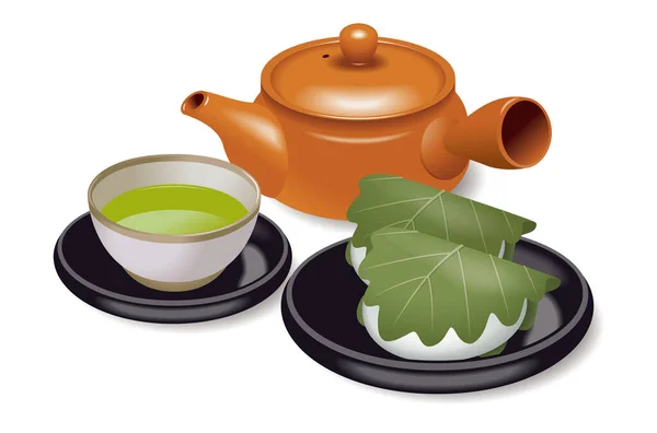 Zestaw Herbaty Ciasta Ryżowe Kashiwamochi Zawinięte Liście Dębu Ciasto Ryżowe — Zdjęcie stockowe