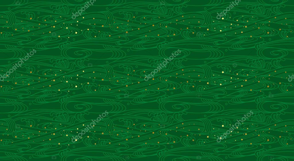 Wave wallpaper. Seamless pattern. Dark green color.