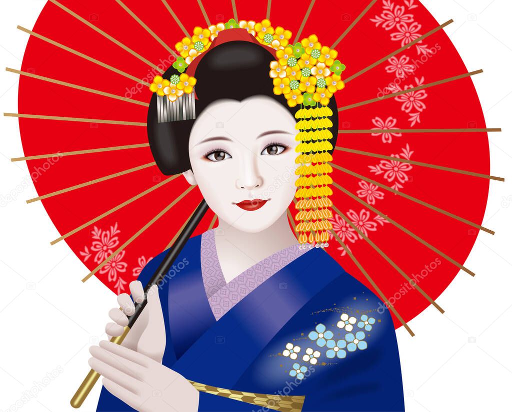 Geisha and Japanese umbrella illustration. White background. A Kimono is a traditional Japanese garment, and the national dress of Japan.