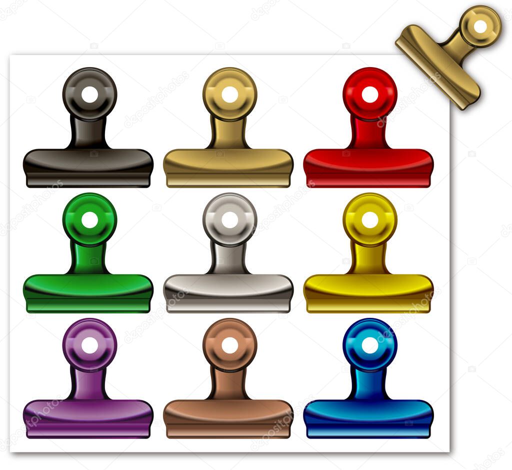 Illustration of a colorful bulldog clip. / Gold, silver, and bronze clips.