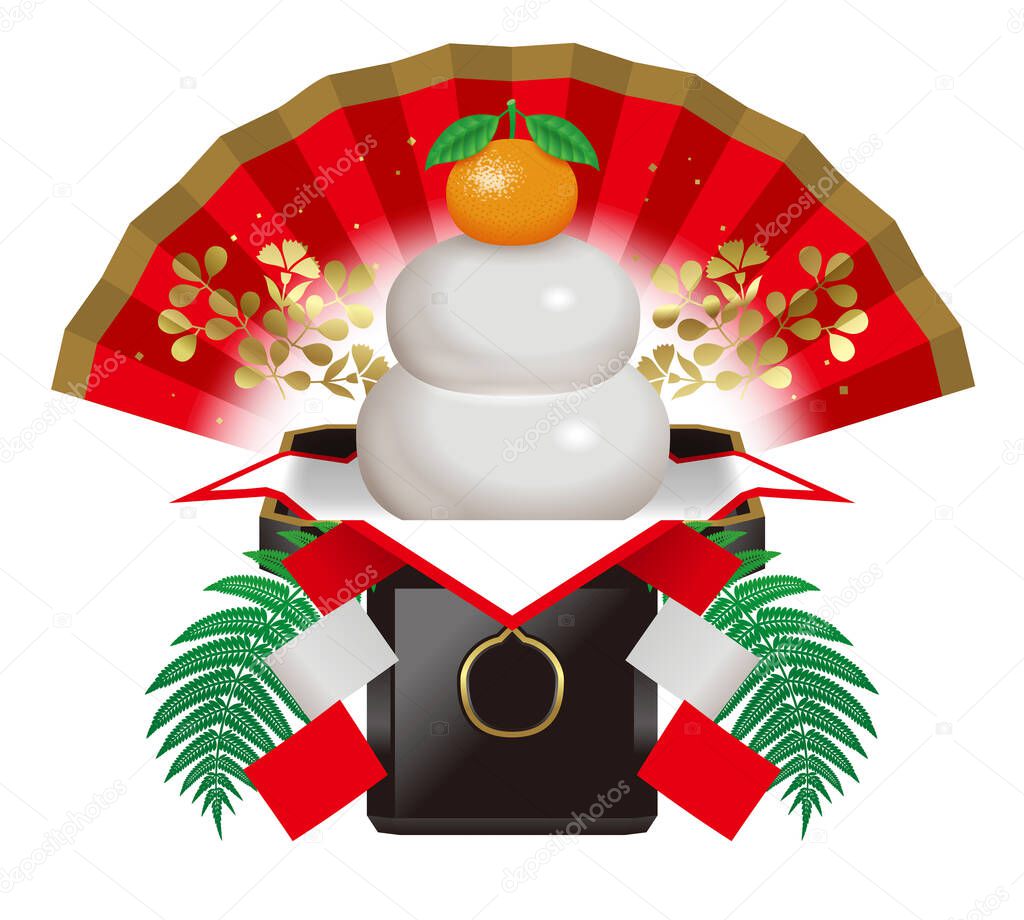 Illustration of Kagami mochi. Japanese New Year decorations. Rice cake. Kagami-mochi is a circular, flat rice cake offered to Shinto and Buddhist deities on occasions such as the New Year.