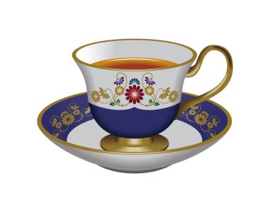 Çay fincanı ve fincan tabağı tasviri. Mavi. Çay, bitki çayı, Oolong çayı..