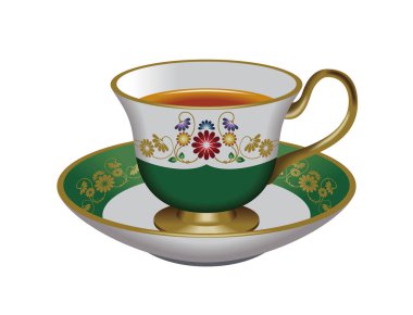 Çay fincanı ve fincan tabağı tasviri. Yeşil renk. Çay, bitki çayı, Oolong çayı..