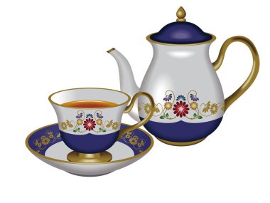 Çaydanlık ve çay fincanı tasviri. - Mavi. Çay, bitki çayı, Oolong çayı..