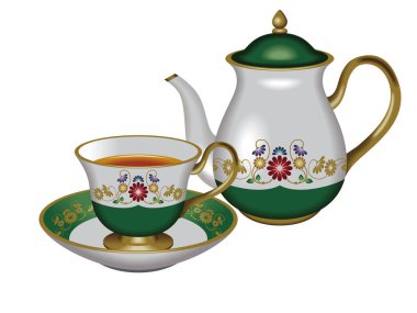 Çaydanlık ve çay fincanı tasviri. - Yeşil renk. Çay, bitki çayı, Oolong çayı..