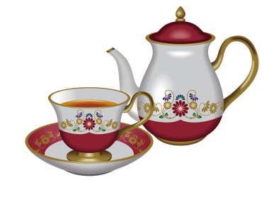 Çaydanlık ve çay fincanı tasviri. - Kırmızı. Çay, bitki çayı, Oolong çayı..
