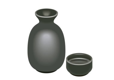 Sake sunucusu (Sake sürahisi) ve fincanlar. Sake Japon pirinç şarabıdır. Japonya 'nın sofra takımı.