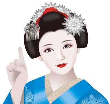 Parmakla işaret eden bir geyşa tasviri. Japon modası..