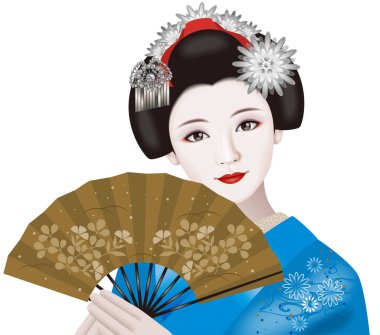 Japon geyşa ve katlanan yelpaze. İllüstrasyon. / Ağustos 'un Moda ve Süslü Saç tokası.