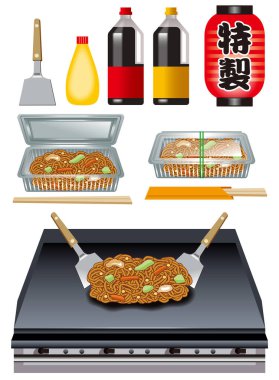 Japon sokak tezgahındaki bir aletin tasviri. Çin yemeği. / Japon yaz festivali. Japon fenerlerinin karakteri. Anlamı 