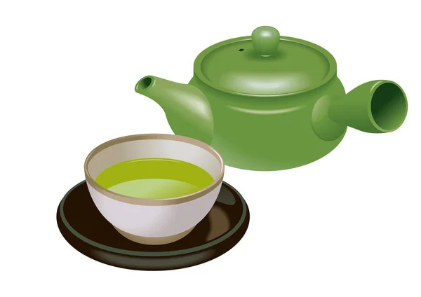 Ilustración Una Tetera Una Taza Verde Vajilla Japonesa —  Fotos de Stock