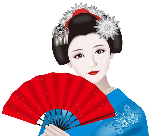 Японська Гейша Складаний Вентилятор Illustration Fashion Ornamental Heirpin August — стокове фото