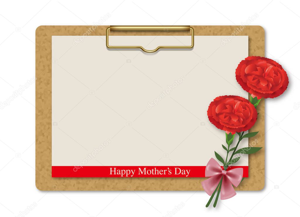 Happy Mother's Day. Illustration of clipboard and carnation. Message card frame.
