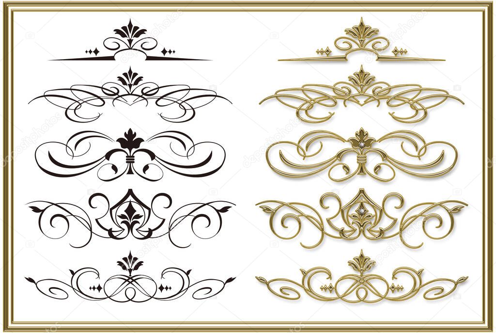 Illustration of decoration curve. Golden frame.