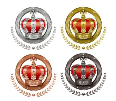 Illustration of the crown. Four icons. / Gold, silver, bronze badges.