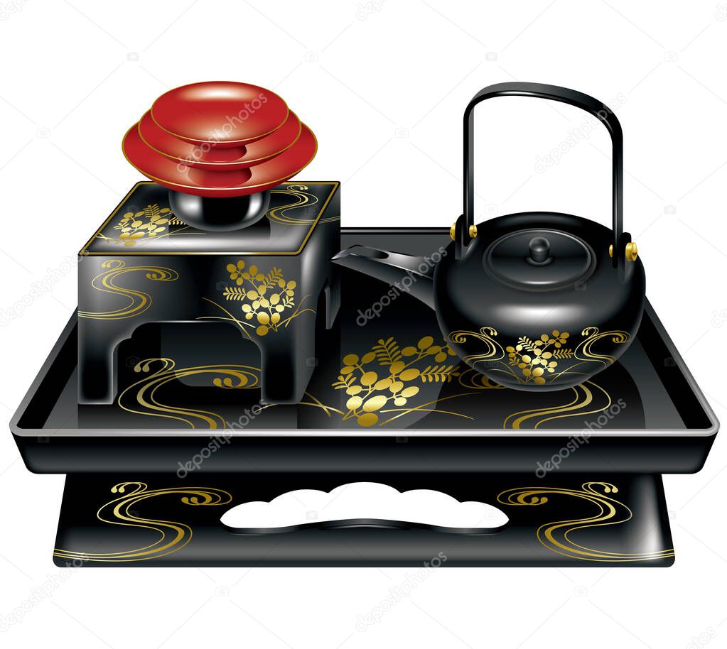 Illustration of new year's sake. Illustration of sake pot and cup. Japanese old tableware.