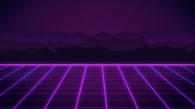 80s Retro fütürizm arka plan. Hareket soyut, mor ızgara ve dağ