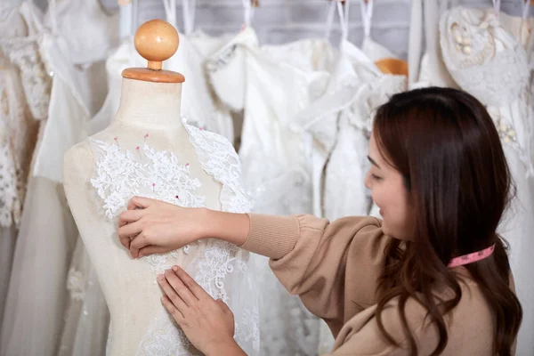 Wedding Dress Rental Shop Owner Standing Working Mannequin Equipment Women — Stock Photo, Image