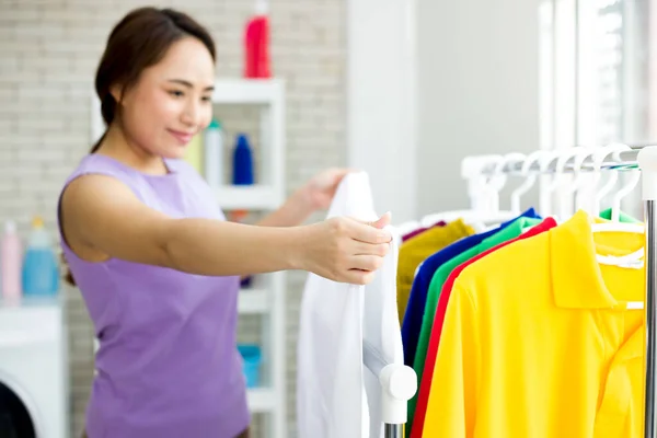 Housewife Drying Clothes Clothesline Laundry Asian Young Woman Happily Doing — Stock Photo, Image