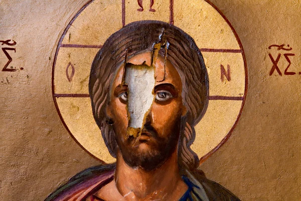 Verwoest Fresco Van Jezus Christus Kerk Syrië — Stockfoto